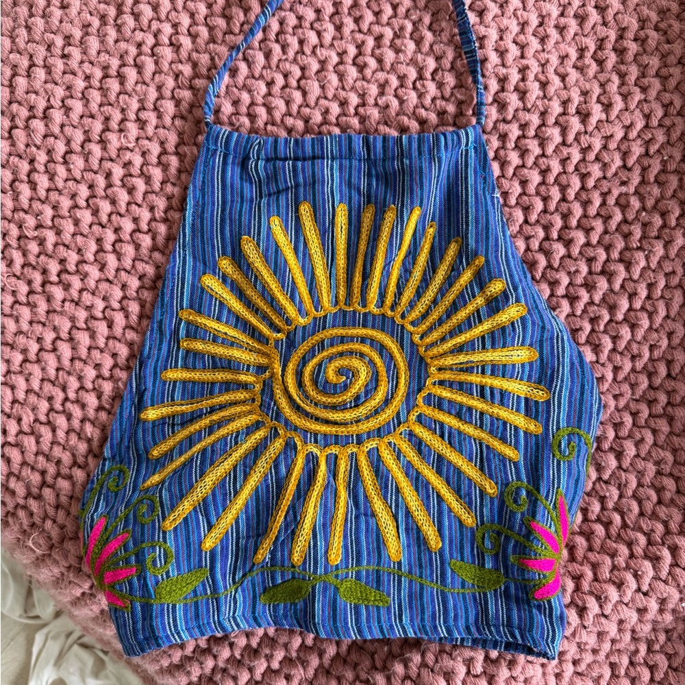 Boho Embroidered Sun Blue Crop Top